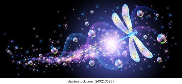 Flying delightful magical dragonfly with sparkle and blazing trail flying in night sky among glowing stars in cosmic space.