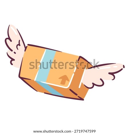 Flying delivery box with wings, parcel symbol and dynamic motion. Express shipping, fast courier service and logistics concept in flat cartoon doodle style, vector illustration