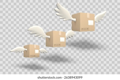 Flying Delivery Boxes With White Wings Isolated On Transparent Background. Fast Shipping Concept, Cartoon Logistics And Air Freight Metaphor. 3D Vector Illustration.