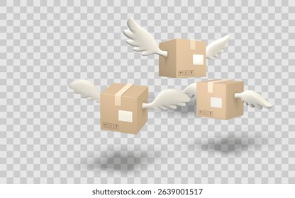 Flying Delivery Boxes with Wings in 3D Cartoon Style Representing Fast Shipping, Express Logistics, or Online Shopping Concept. Transparent Background. Vector Illustration. - Powered by Shutterstock - Get 15% off with code: PIKWIZARD15