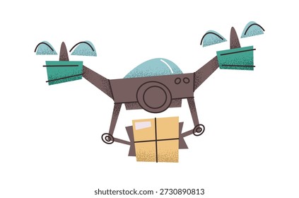 Flying delivery drone carrying parcel