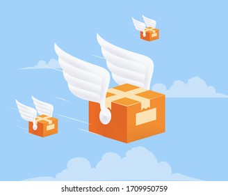 Flying delivery package box with wings on blue sky background. Delivery service concept. Vector illustration.