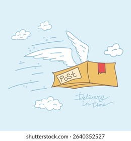 Flying delivery package box with wings on blue sky background. Fast delivery concept