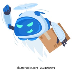 Flying delivery robot drone. Aerial shipping drone, logistic service quadcopter, express delivery robot, drone carrying package flat vector illustration on white background