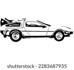 A Flying DeLorean DMC-12 from sideview, sketched