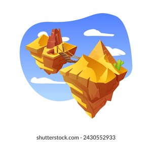 Flying deserted islands with pyramid and cactus connected by bridge flat style, vector illustration isolated on white background. Decorative design element, floating land, online game platform