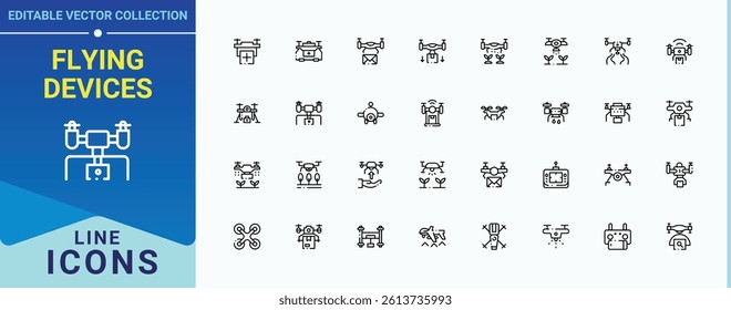 Flying Devices icon set. Contain linear symbols air, transport, camera, fly, technology, drone, flight and more. Drones icon set. Icons for UI design. Editable vector. Pixel perfect.