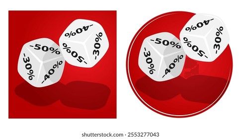 Flying dice with discount amount written on edges. Generous holiday special offer from discount store. Vector sticker on round and square background