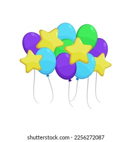 Flying different balloons as decoration for party illustration. Inflatable spheres, balloons for wedding, festival or carnival isolated on white background. Decoration, celebration concept