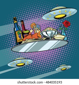 Flying A Dinner Tray And UFO, Pop Art Retro Vector Illustration. Delicious Food. Science Fiction