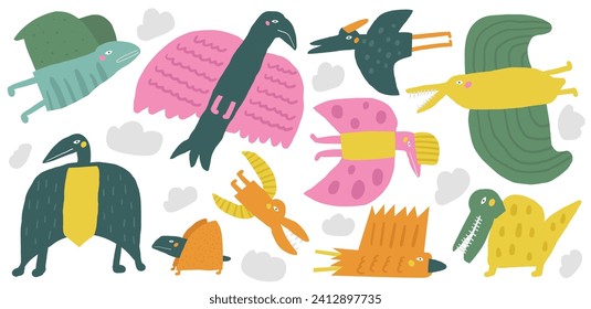 Flying Dinosaurs set. Cute hand drawn doodle sky dinos collection, Pterodactylus, pterodactyl, bird, bat. Jurassic era animals for kids