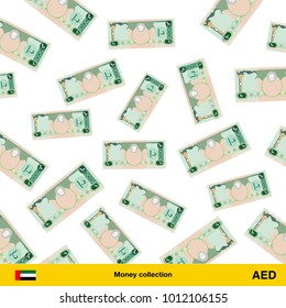 Flying Dirham banknotes. Money rain. Falling Dirham