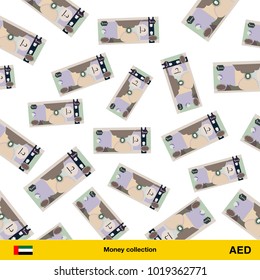 Flying Dirham banknotes. Money rain. Falling Dirham