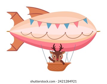 Volando dirigible con ciervo. Animales de bosque de dibujos animados volando en globo de aire caliente, transporte aéreo retro con ciervo a bordo de ilustración plana vectorial. Animales lindos volando sobre el dirigible