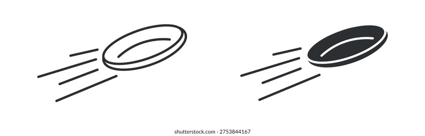 Flying disc icon set, frisbee sport disc in motion symbol, outline and solid silhouette style. Vector illustration.