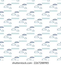 Flying Disc over Sea vector UFO and Alien Life concept seamless pattern