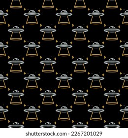Flying Disc and Stars vector UFO and Alien Life concept seamless pattern with dark background