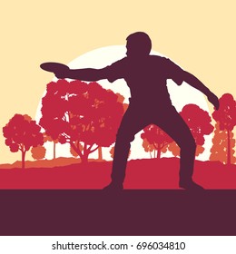 Flying disc throw game man playing in park with trees vector background