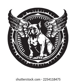 Flying dog, bulldog with wings, dog with wings, monochrome, vector, abstraction, images, signs, symbols, blot, splashes, stamp, blank, logo, tattoo, brand, black and white, circle logo