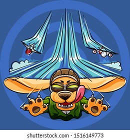 Flying dog showing its tongue. Two different planes and some clouds as a background.