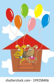 flying dogs, balloons, fairy tale design, vector illustration