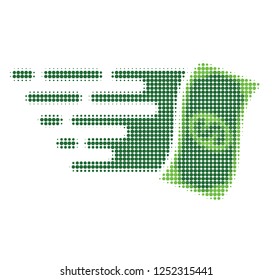 Flying dollar banknote halftone dotted icon with fast speed effect. Vector illustration of flying dollar banknote designed for modern abstract with symbols of speed, rush, progress, energy.