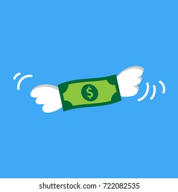 Flying dollar banknote isolated on blue sky background. Cash with wings. Business concept. Flat style cartoon illustration for design element, postcard, banner, template. Money with angel wings.