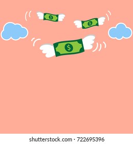 Flying dollar banknote isolated on pink sky background. Cash with wings. Business concept. Flat style cartoon illustration for design element, postcard, banner. Money with angel wings and clouds.