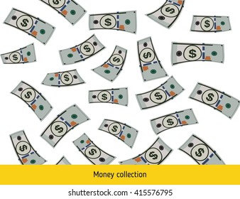 Flying dollar banknotes. Money rain. Falling dollar