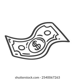 Icono de línea de lluvia de dinero en efectivo de billete de dólar volador. Esquema dibujado a mano cayendo billete de papel, moneda americana con símbolo de dólar. Inversión, mascota del éxito, Ilustración vectorial del icono del dinero de Estados Unidos