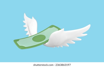 Flying dollar bill with white wings isolated on blue background. Concept of financial loss, spending, banking loan payment, inflation, growing prices and easy income. Vector 3d illustration