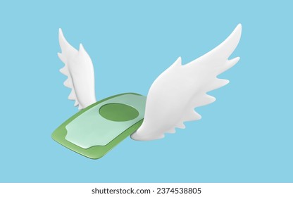 Flying dollar bill with white wings isolated on blue background. Concept of financial loss, spending, banking loan payment, inflation, growing prices and easy income. Vector 3d illustration