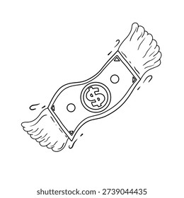 Flying dollar bill with wings vector illustration in hand drawn line art. Wings on a dollar bill symbolizing financial freedom and success