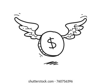 flying dollar coin doodle art