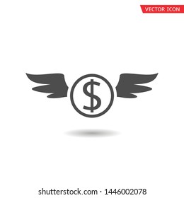 Flying dollar coin icon. Dollar coin with wings symbol, Vector