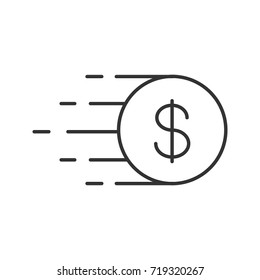 Flying dollar coin linear icon. Thin line illustration. Contour symbol. Vector isolated outline drawing