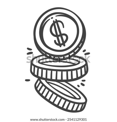 Flying dollar coins line icon. Outline hand drawn falling money rain, piece of treasure and currency for buying in wallet. Jackpot, wealth, transaction mascot, cash coins icon vector illustration