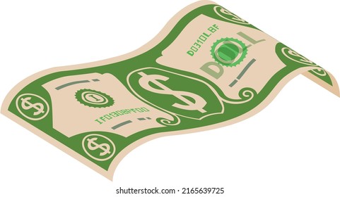 Flying dollar. Green paper banknote. Cartoon money