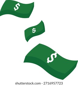 Ilustración vectorial de dinero en dólares volando que muestra pilas de billetes verdes flotando en el aire.