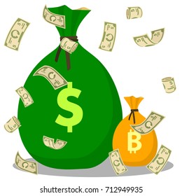 Flying dollars against the background Money bag set. Bitcoin and dollar bags. Flat icon isolated on the white background. Editable EPS file.