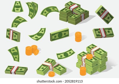 Flying dollars and doller coin And doller lot set Vector Illustration