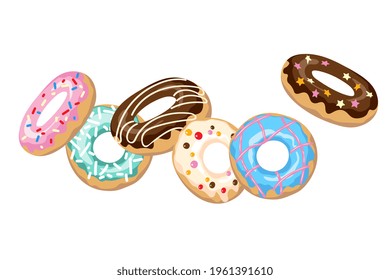 Flying donuts with icing and sprinkles. Colorful doughnut in motion. Cartoon style. Vector illustration.