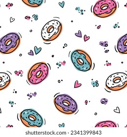 donuts voladores patrón pastelería sin costura repito pastel rosa azul violeta color pastel glamour niña caricatura doodle fondo papel pintado diseño de empaquetado envolvimiento feliz cumpleaños panadería arte de hornear