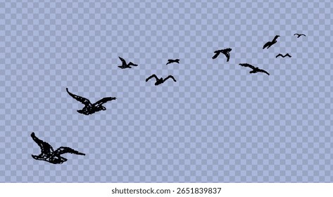 Flying doodle drawn birds with wax crayon. Charcoal style pastel sketch for children, school or kindergarten blackboard and chalkboard squiggle art. Vector grunge texture.