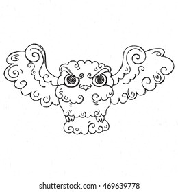 Flying doodle owl. Free hugs fluffy bird. Illustration for bags, postcards, t-shirts and cloth.