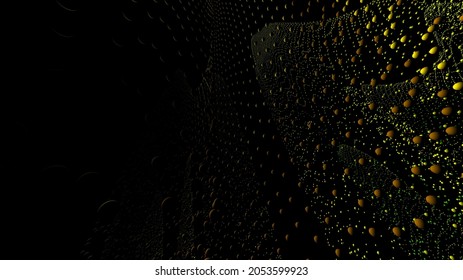 Puntos voladores y fondo punteado ondulado.Flujo de partículas dinámicas.Onda futurista 3d. Ilustración vectorial. Superficie de matriz aislada en fondo negro.formas abstractas