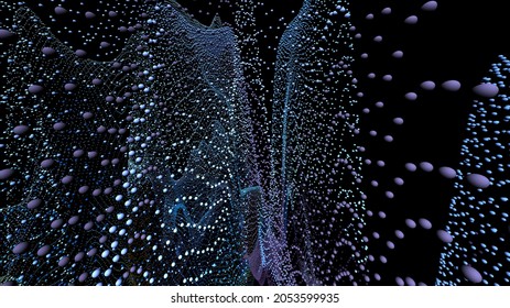 Puntos voladores y fondo punteado ondulado.Flujo de partículas dinámicas.Onda futurista 3d. Ilustración vectorial. Superficie de matriz aislada en fondo negro.formas abstractas