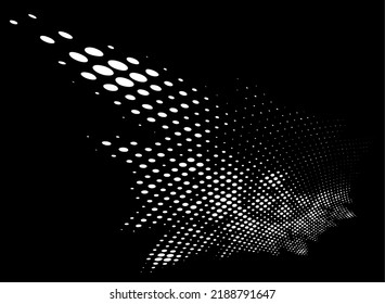 Flying dotted halftone mandala, spreading sectors like wings. Fading of upper right sector. Transparent outline of dots, polka dots, blots, spots, slicks, strokes. Gauzy peas on dark background.