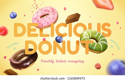 Flying doughnuts ad with raspberries, blueberries, and chocolates on yellow background in 3d illustration