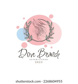 Flying Dove bird branch nest outline luxury monogram beauty logo template design for brand or company